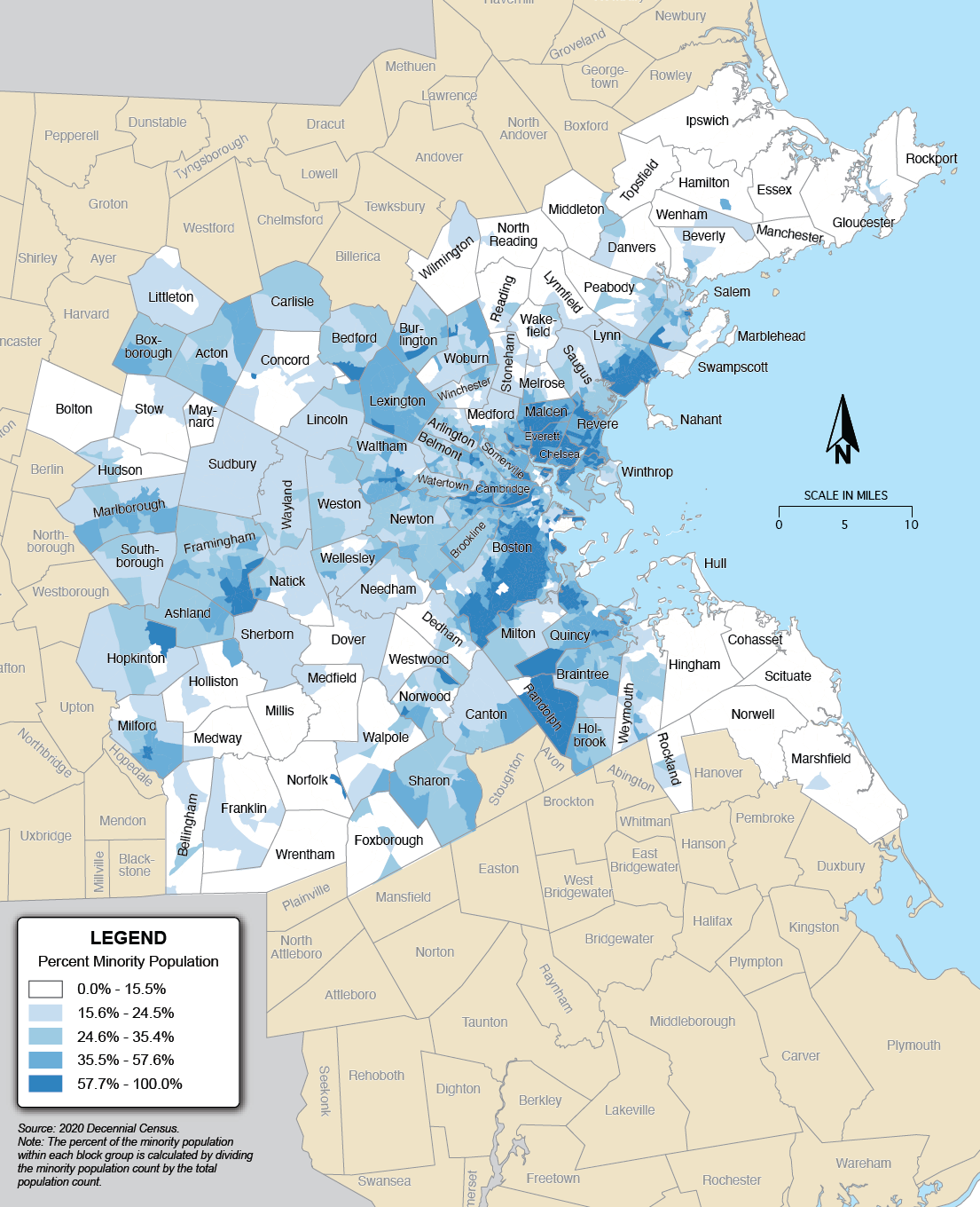 A map illustrating the percentage of minority population in the Boston Region.